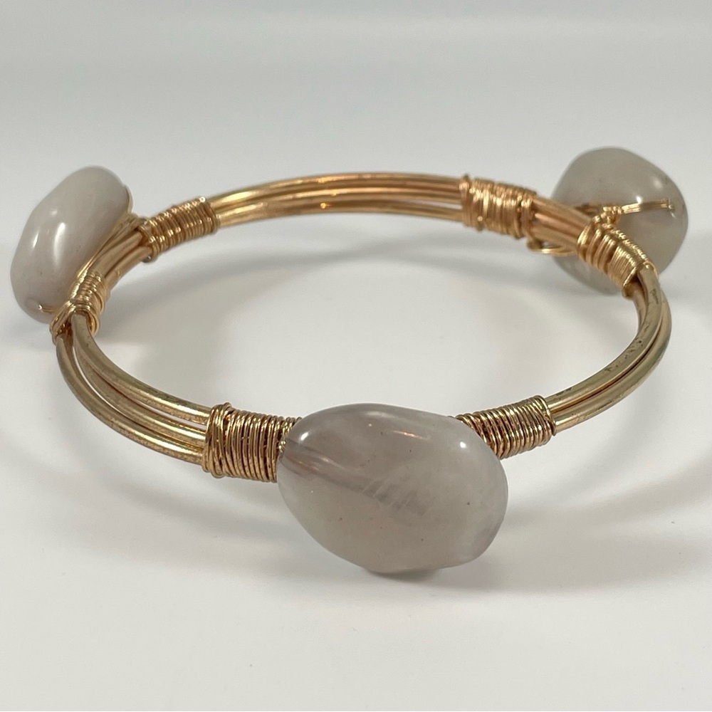 Gold Tone Wire Wrapped Faceted Teardrop Pink Rose Quartz Stone Bangle Bracelet
